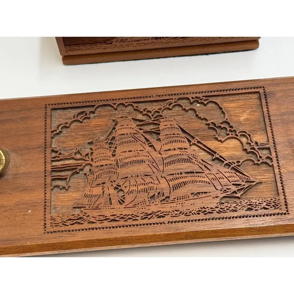 Nautical  Lasercraft Walnut Desk Set · Ship Pen Holder + Ashtray